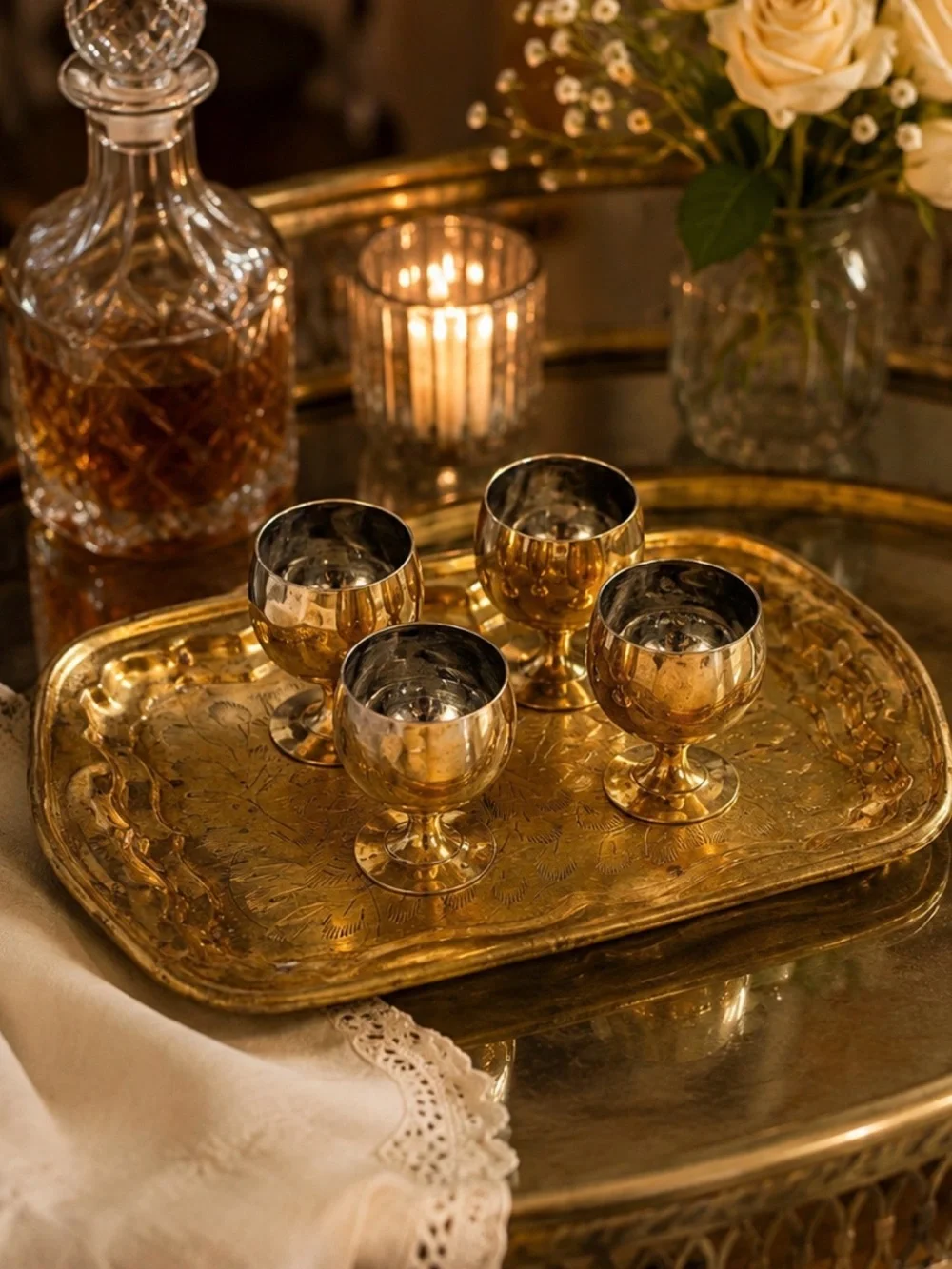 Vintage Brass Mini Goblet Set of 4 with Engraved Serving Tray Barware Decor